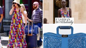Anne Hathaway Spotted Filming “The Devil Wears Prada 2” in a $7,900 Multicolor Gabriela Hearst Maxi Dress with a Cobalt Blue Fendi Bag