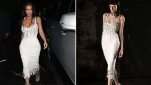 Kim Kardashian Wears White Dilara Findikoglu Gown With Safety-Pin Fringe to Petra Collins’ Plaza on La Brea Party