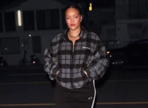 Rihanna Steps Out at Giorgio Baldi in a Checked Gray Miu Miu Jacket, Balenciaga Skirt, and Amina Muaddi Snake Boots