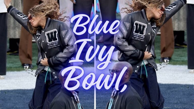 Blue Ivy Attended the Super Bowl Alongside Father Jay-Z in a Off White Letterman Jacket and Balenciaga Handbag