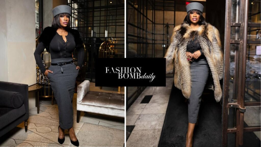 Kandi Burruss Stuns in Black and Grey The Frankie Shop Look with a iStyleBySonia Fur and Gucci Heels