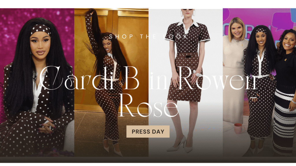 Cardi B in Brown Polka Dot Rowen Rose for Press Day Talking Little Miss Drama Tour and Grow Good Beauty