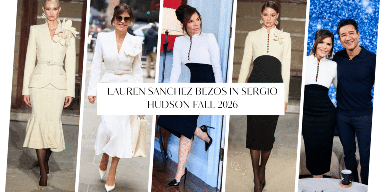Lauren Sanchez Bezos in White and Black Sergio Hudson Fall 2026 Structured Peplum and Colorblock Knit Dresses on Television Appearances