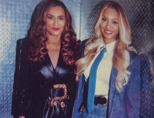 Beyonce in Blue Denim Romeo Hunte with Tina Knowles at the Super Bowl