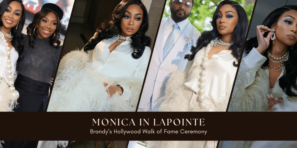 Monica Steps Out with Husband Anthony “Ant” Wilson at Brandy’s Hollywood Walk of Fame Ceremony in Ivory Feathered LaPointe Silk Blouse and Coordinating Trousers