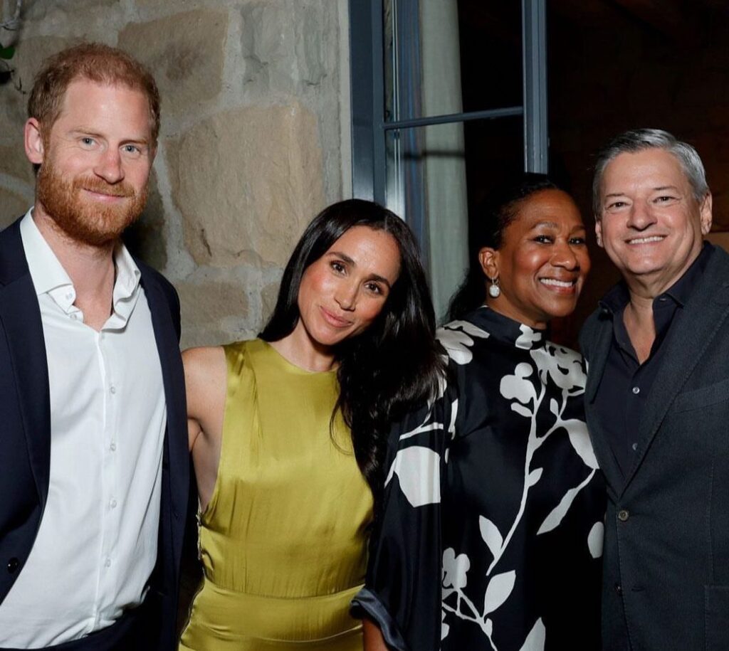 Prince Harry, Meghan Markle, Ted Sarandos, and Nicole Avant Gather in Montecito for Netflix Party with Meghan in Olive Green Heidi Merrick Gale Dress
