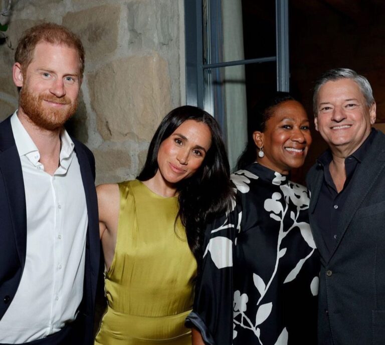 Prince Harry, Meghan Markle, Ted Sarandos, and Nicole Avant Gather in Montecito for Netflix Party with Meghan in Olive Green Heidi Merrick Gale Dress