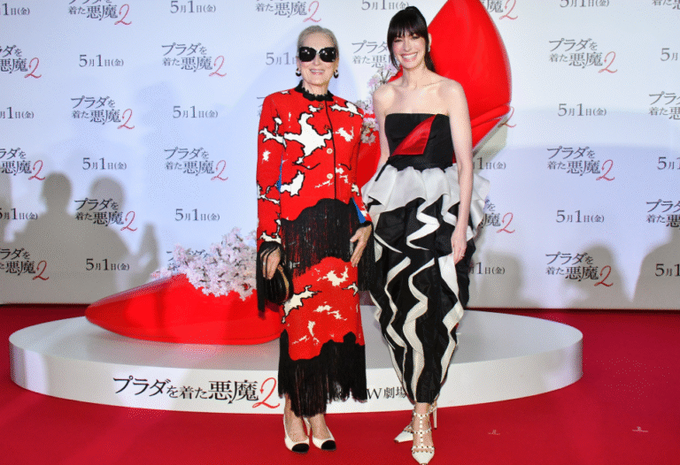 The Devil Wears Prada 2 Tokyo Fan Event: Anne Hathaway in Black and Ivory Valentino Couture Silk Gown and Meryl Streep in Red and Black Chanel Metiers d’Art Fringe Tweed Set