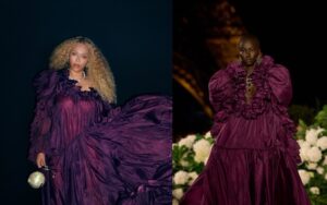 Beyonce Grabs Dinner in Plum Taffeta Spring 2026 Saint Laurent Gown and Pearl Cult Gaia