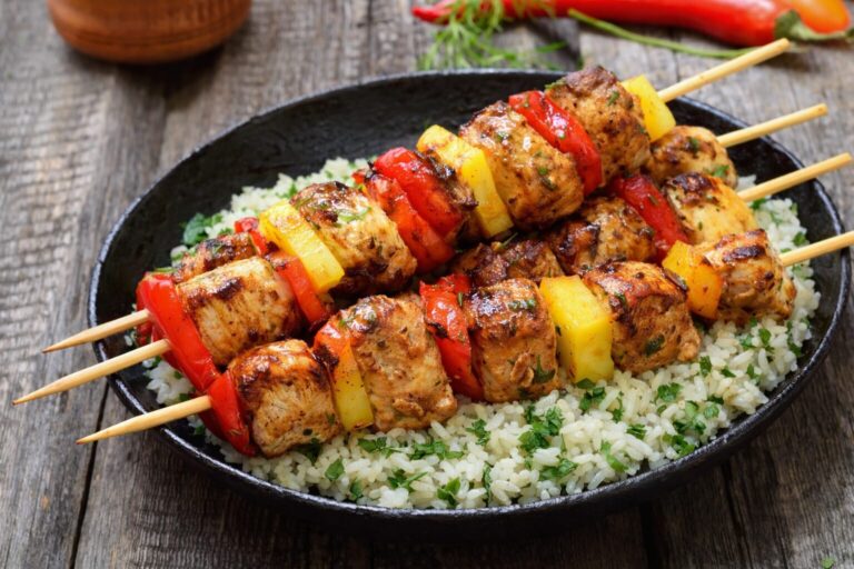 Hawaiian Chicken Kebabs & Cilantro Ginger Rice