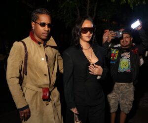 Rihanna Spotted on Mother’s Day in an Oversized Black Suit and Chanel Wicker Bag with A$AP Rocky