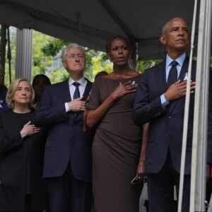 Michelle Obama Wore a Brown Ferragamo Leather-Trim Jersey Maxi Dress at the 25th Anniversary of September 11